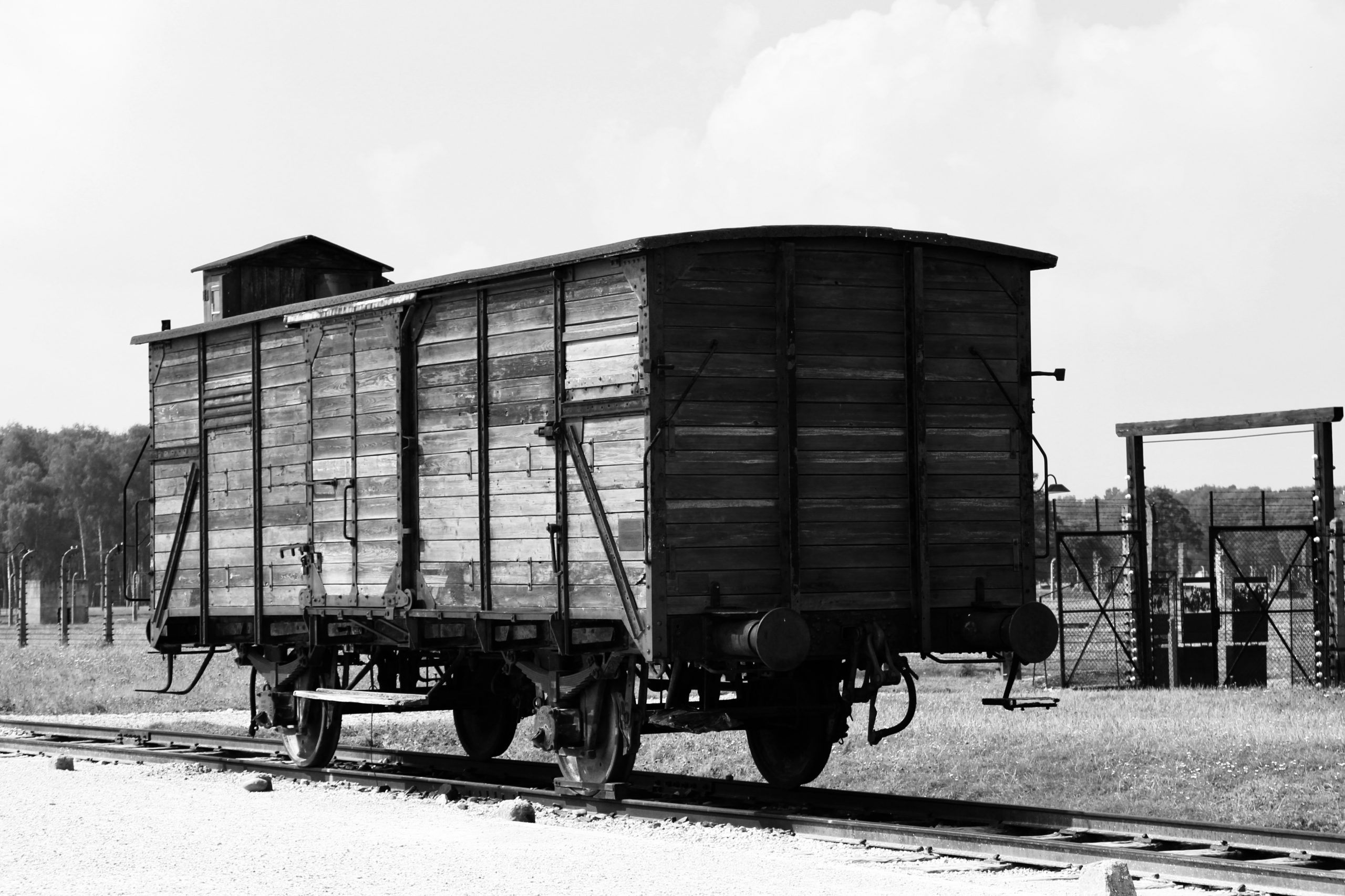 Un vagón de ganado utilizado para llevar a los deportados en las vías de Auschwitz-Birkenau
